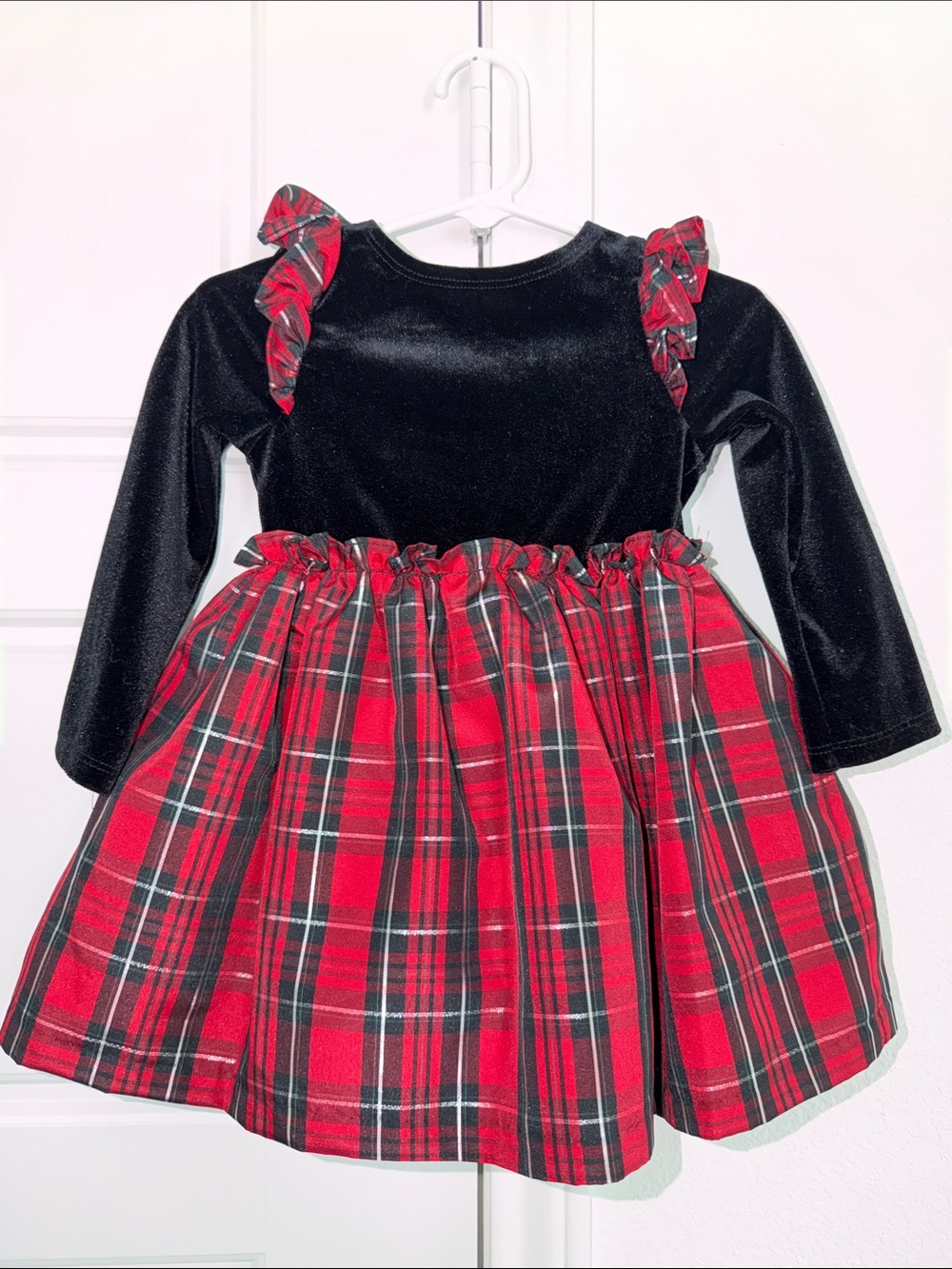 Pippa & Julie Black Velvet Top with Red Plaid Skirt Holiday Dress